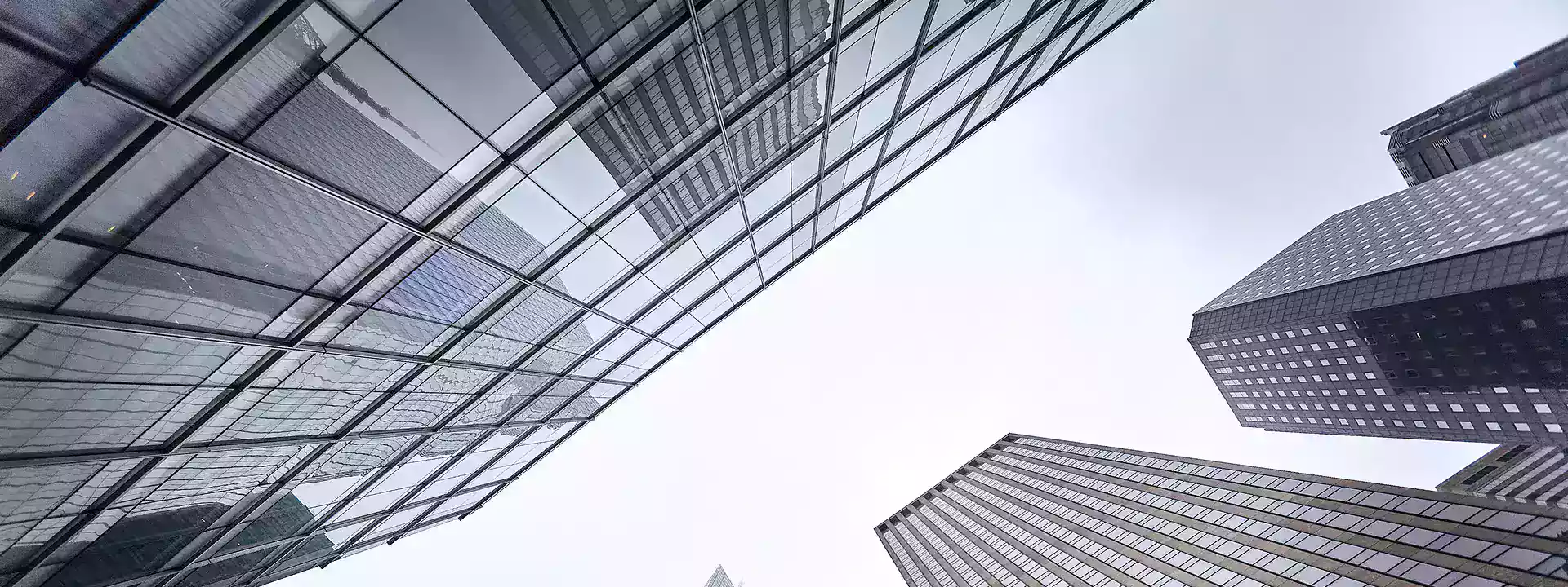 Upward view of tall modern glass and steel skyscrapers against a gray, overcast sky.
