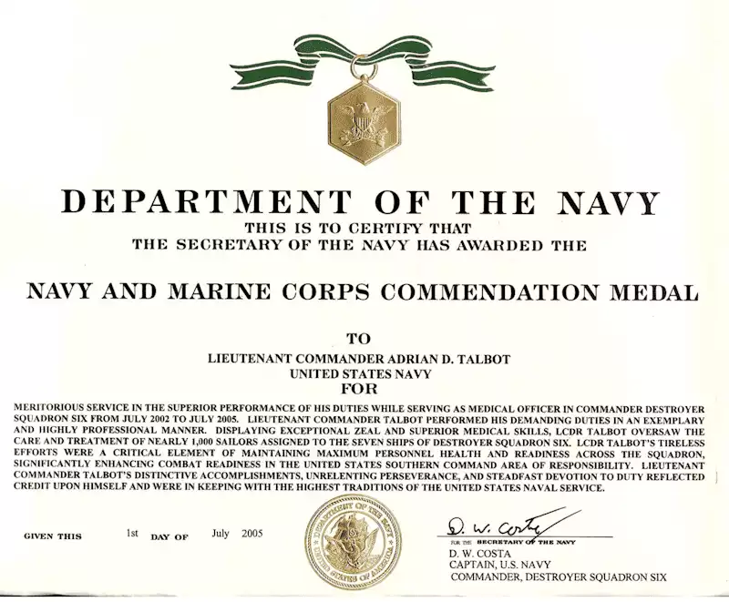 LCDR Adrian Talbot, M.D. received a Navy Commendation Medal