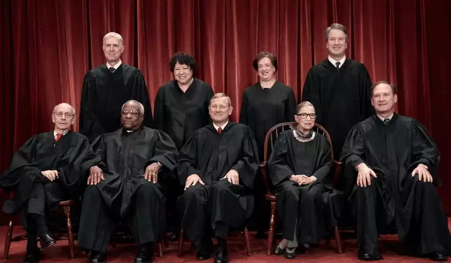 The Nine Supreme Court Justices who rendered the 7-2 decision in Gamble v. United States. Justice Gorsuch and Justice Ginsburg dissenting.